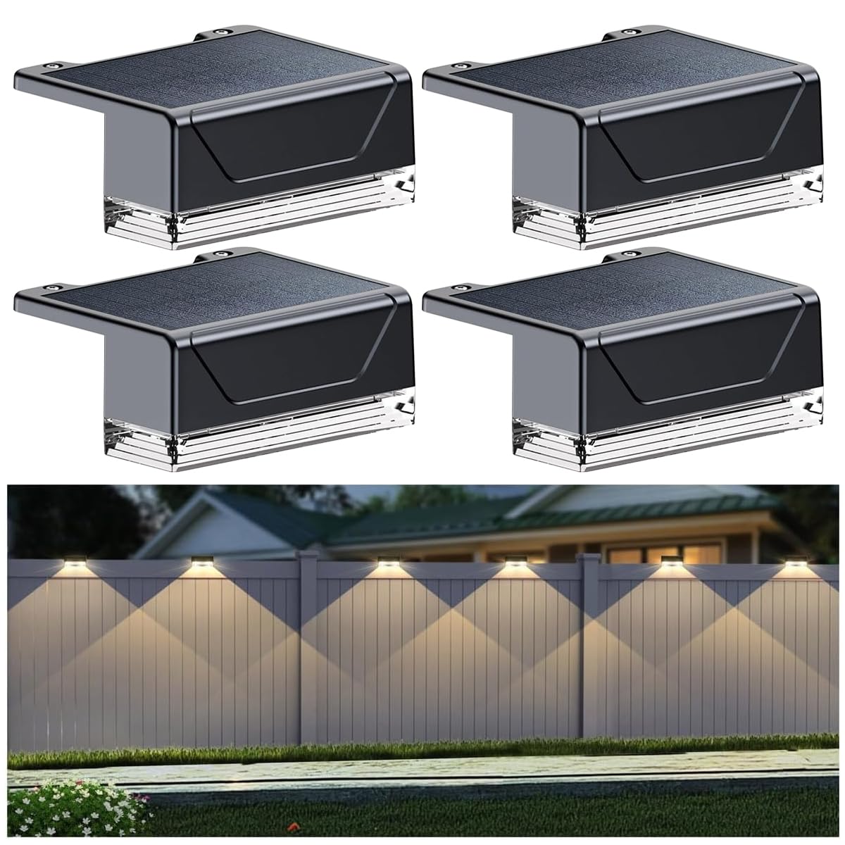 Solar Fence Lights Outdoor - 3 Color Modes(3000K/4000K/6000K), IP55 Waterproof Solar Lights, Fence Light Solar Powered for Outside, Backyard, Railing, Steps, Patio and Wall Lighting (4)
