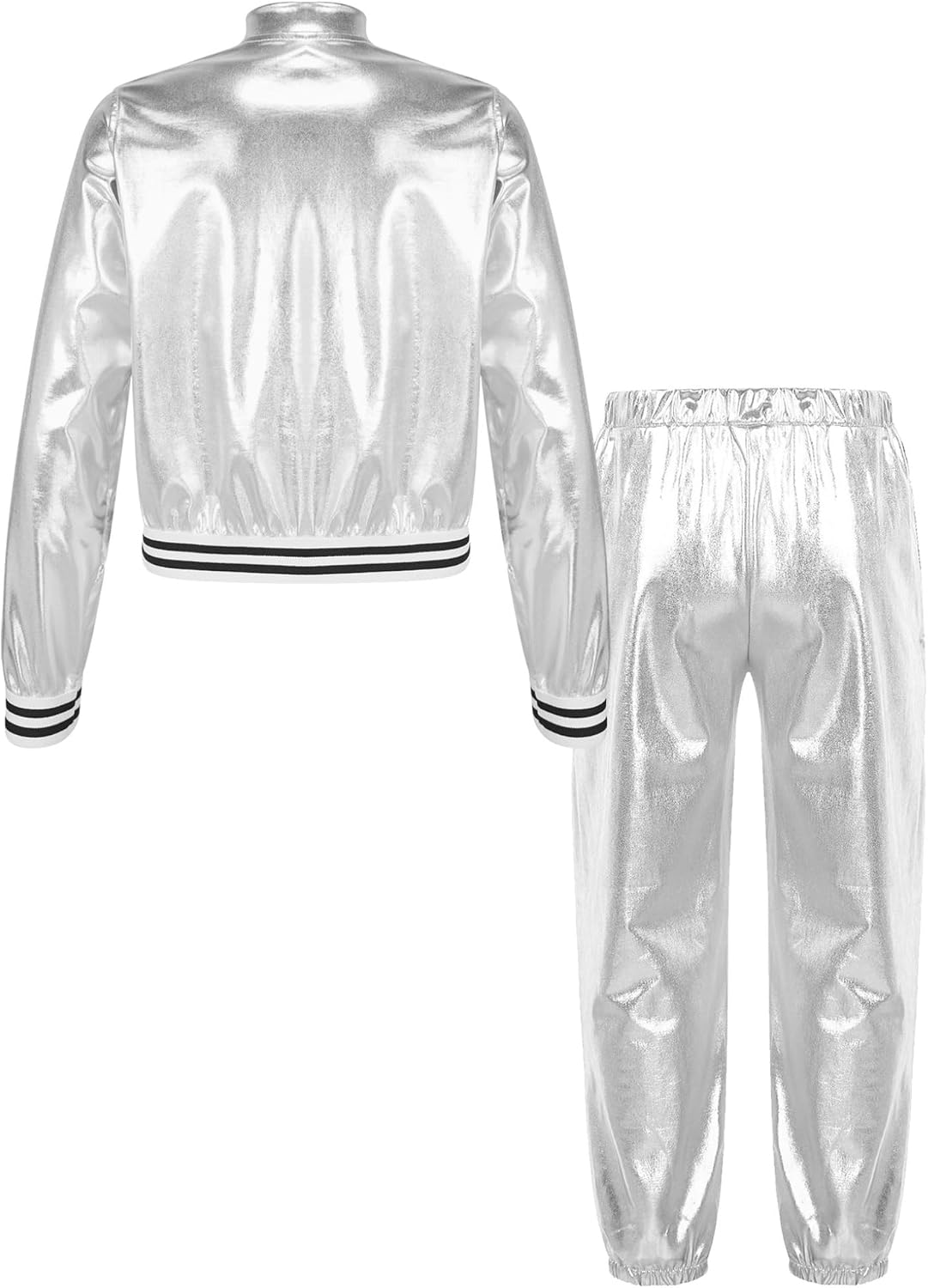 Kids Perfo Sparkle Dance Outfit Baseball Jacket and Harem Pants Set for Halloween Hip Hop Silver 14 Years