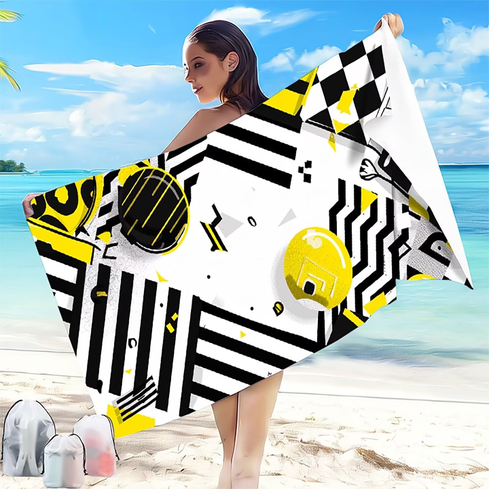Microfiber Beach Towel 40 x 80 in Line Oversized Quick Dry Sand Free Soft Compact Lightweight Qualities, Summer Beach Towels for Adults Ldeal for Swicming Yoga Camping Gym Shawl Geometry W-7