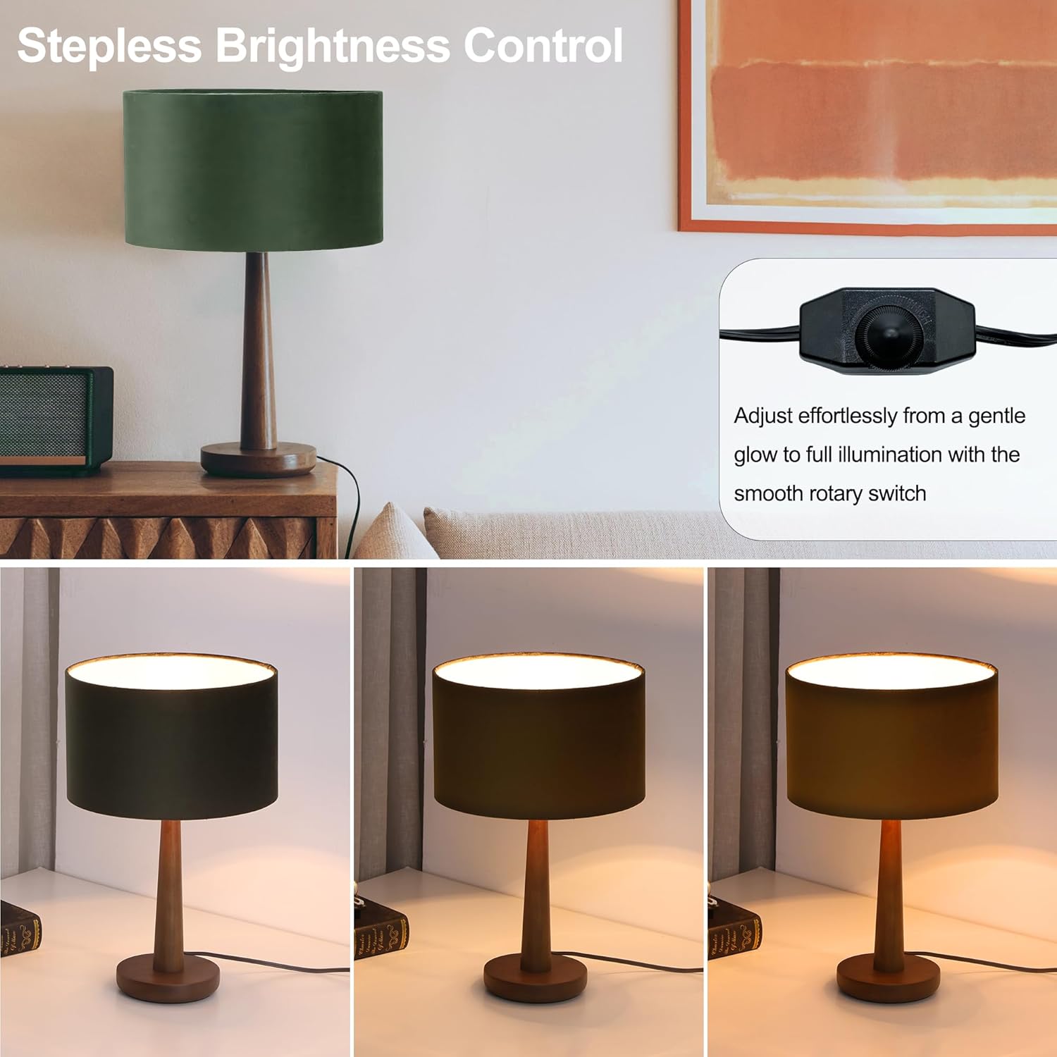 18.5" Table Lamp for Living Room, Dimmable Modern Walnut Wood Desk Lamps for Bedroom, UL Listed Nightstand Lamp, End Table Lamps for Console Entryway, Office, Dorm, Home Decor, Green Velvet Shade