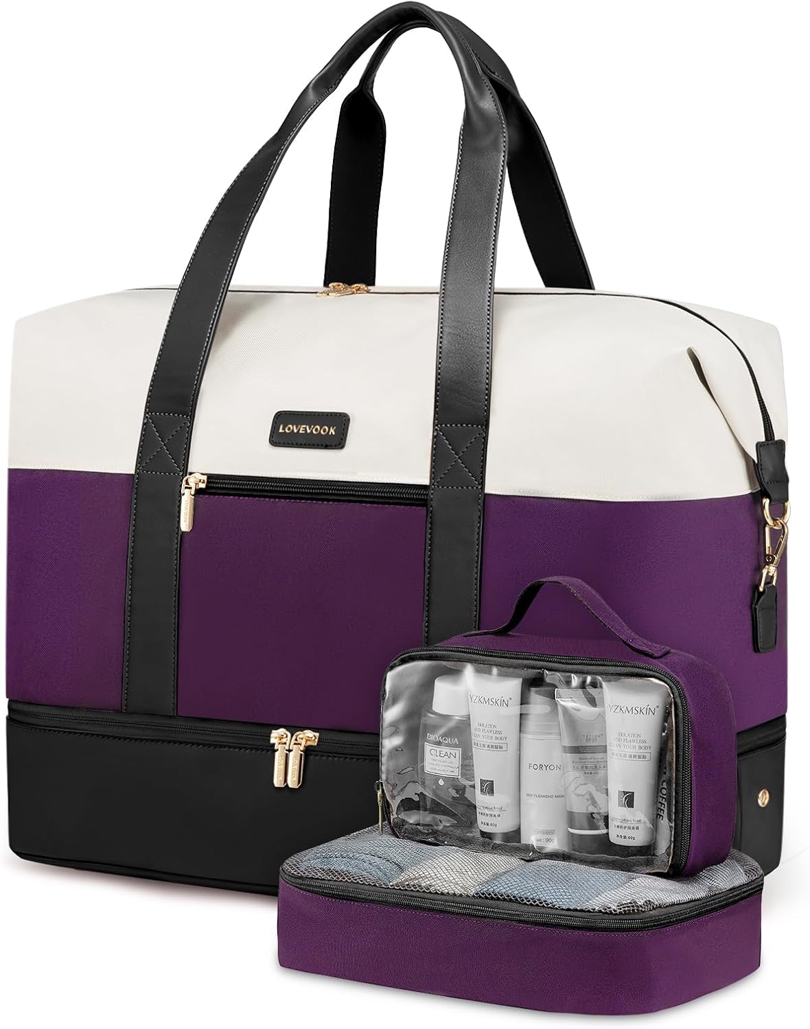 LOVEVOOK Travel Bags for Women, Waterproof Overnight Weekend Hospital Holdall Duffle Bag with Shoes Compartment & Trolley Sleeve, Cabin Carry On Flight Bag for Ryanair EasyJet