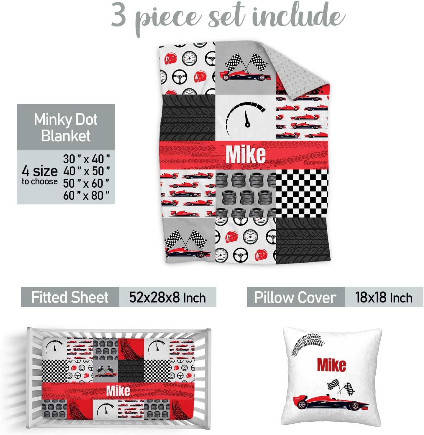 Custom Baby Crib Bedding Set, 3 Piece Personalized Name Race Car Baby Crib Sets for Boys, Minky Blanket, Fitted Sheet, Pillowcase, Soft Nursery Bedding Set for Newborn Infant Toddler Gifts