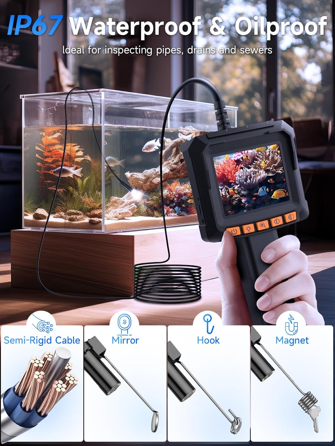 Moman EOS1 Borescope 1080P HD Inspection Camera with 2.4" IPS Screen, 16.4ft Semi-Rigid Cable, IP67 Waterproof, 8LEDs for Sewer, Pipe, Auto, Plumbing & HVAC Inspection