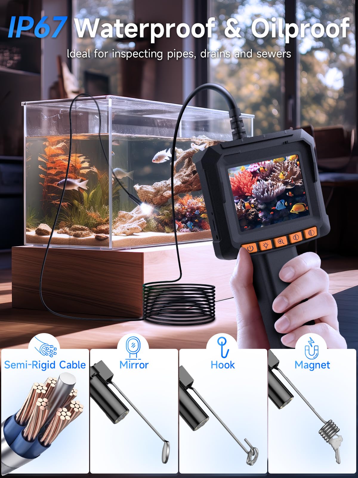 Cámara endoscópica con luz, Moman EOS1 Boroscopio 1080P HD, cámara de inspección digital de 2.4 pulgadas, pantalla IPS IP67, impermeable, boroscopio de mano, cámara de drenaje de serpiente con 8 luces