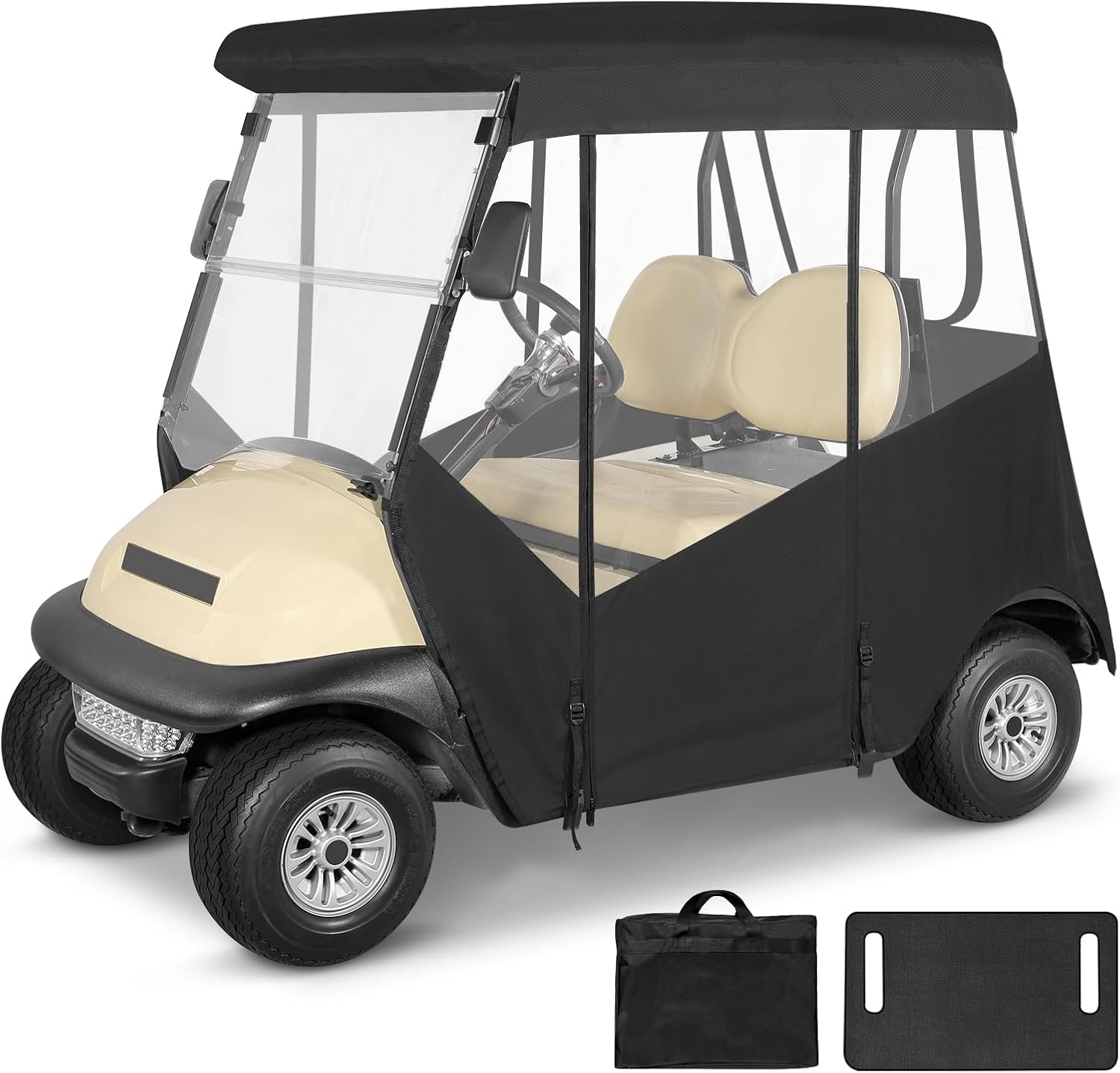 Golf Cart Enclosure 2 Passenger for Club Car Precedent 2 Seater Open Front Windshield 3-Sided Clear Windows Waterproof Transparent Driving Rain Covers Roll-up Door Black (with Seat Blanket)
