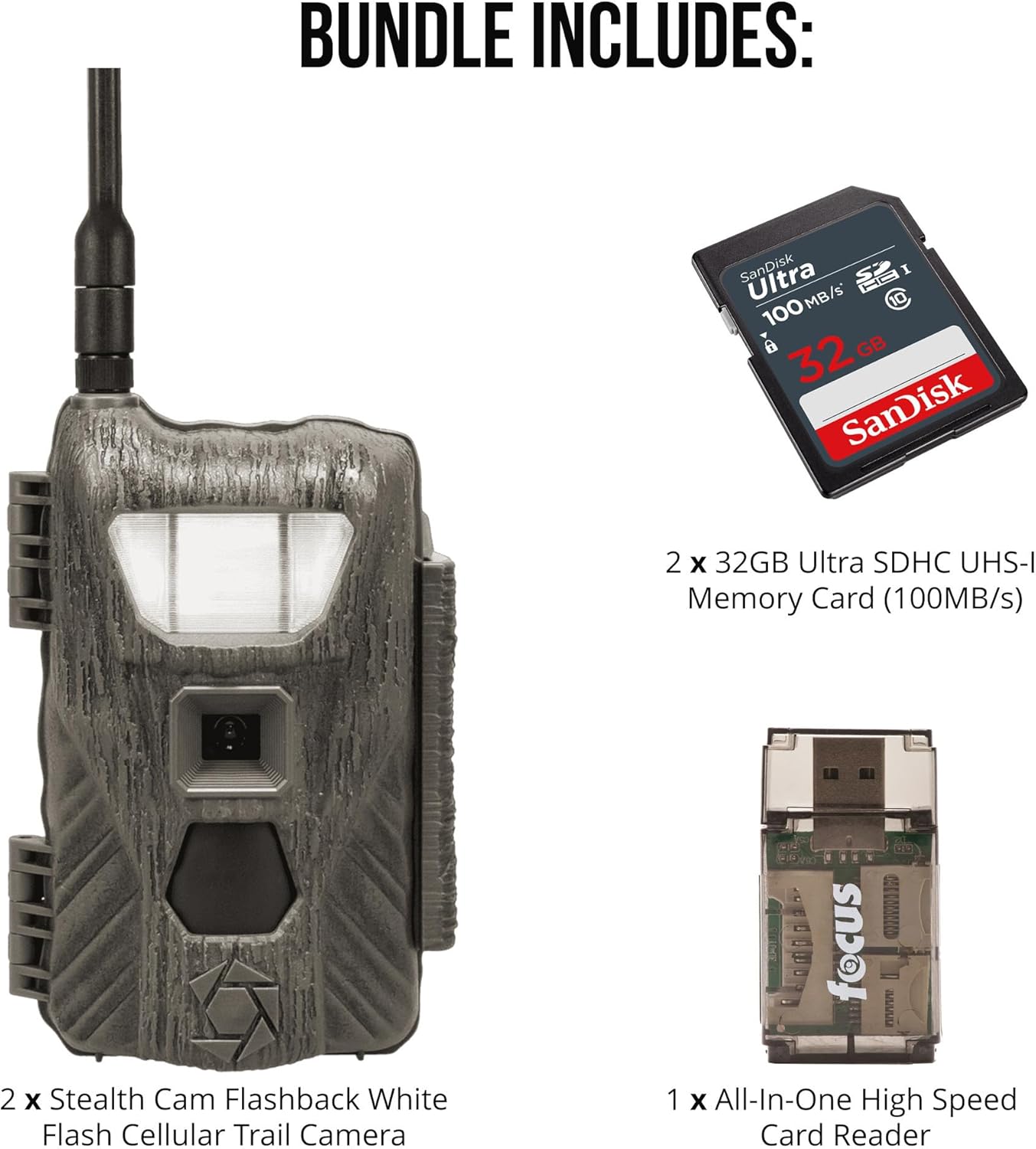 Stealth Cam Flashback 40MP White Flash Cellular Trail Camera 2-Pack with Two 32GB Memory Cards and Card Reader (5 Items)