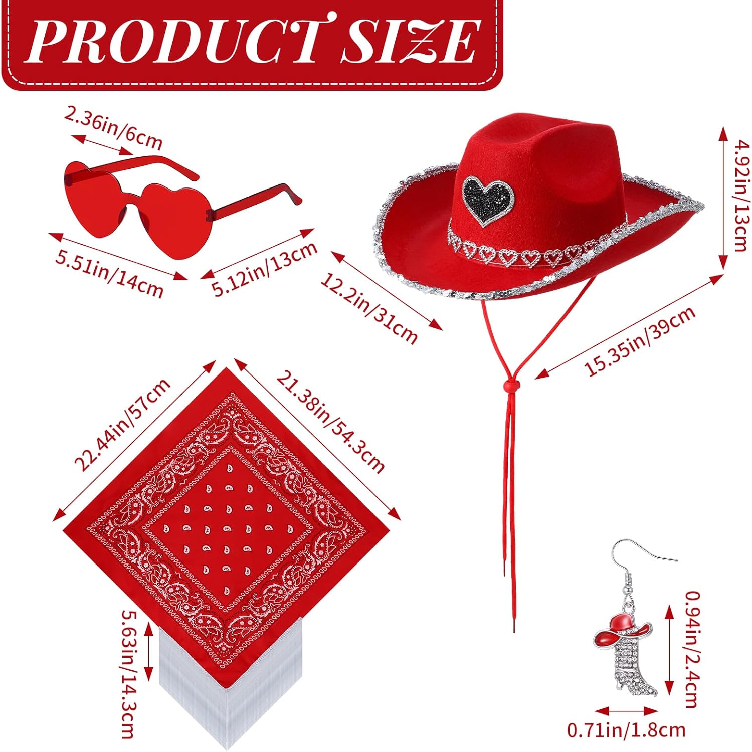 4 Pcs Rhinestone Cowboy Hat Set with Bandana Earring Heart-Shaped Sunglasses for Men Women Halloween Party Red - Image 2