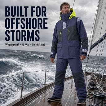 Men's PRO Offshore Sailing Suit, Waterproof Jacket & Bib Trousers | Ocean High-Tech, Hi-Vis Hood, Reinforced Hips & Knees, Adjustable Braces, Reflective Safety Details, Coastal Cruising