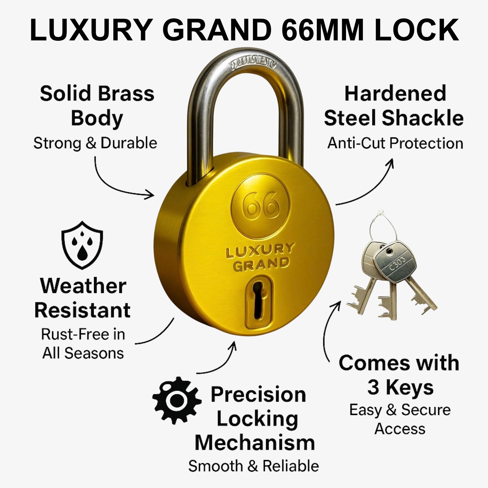 Luxury Grand 66mm 6 Keys Heavy Duty Brass Finish Padlock | 9 Lever High Security | Hard Steel Shackle | Lock and Key for Home Door Shop Shutter Main Gate Warehouses & Commercial Security — Amazon image 3