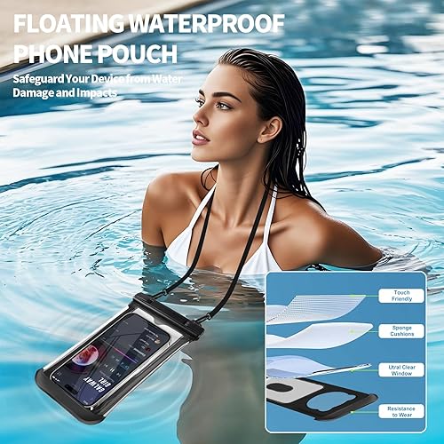 Miniatura 4 de Paquete de 2 bolsas impermeables para teléfono, fundas impermeables IP68 flotantes para teléfonos de hasta 8.5 pulgadas, bolsas impermeables bajo el