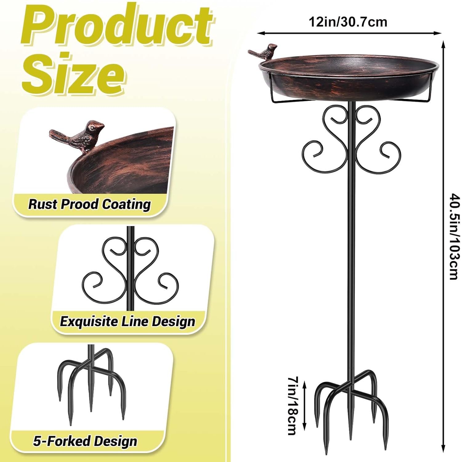 Metal Bird Bath for Outdoors, Vintage Freestanding Birdbaths with Bird Statue 12" Detachable Birdfeeder Bowl with 5- Pronged Base for Outside Garden Patio Yard Lawn Decor (Vintage Bronze)