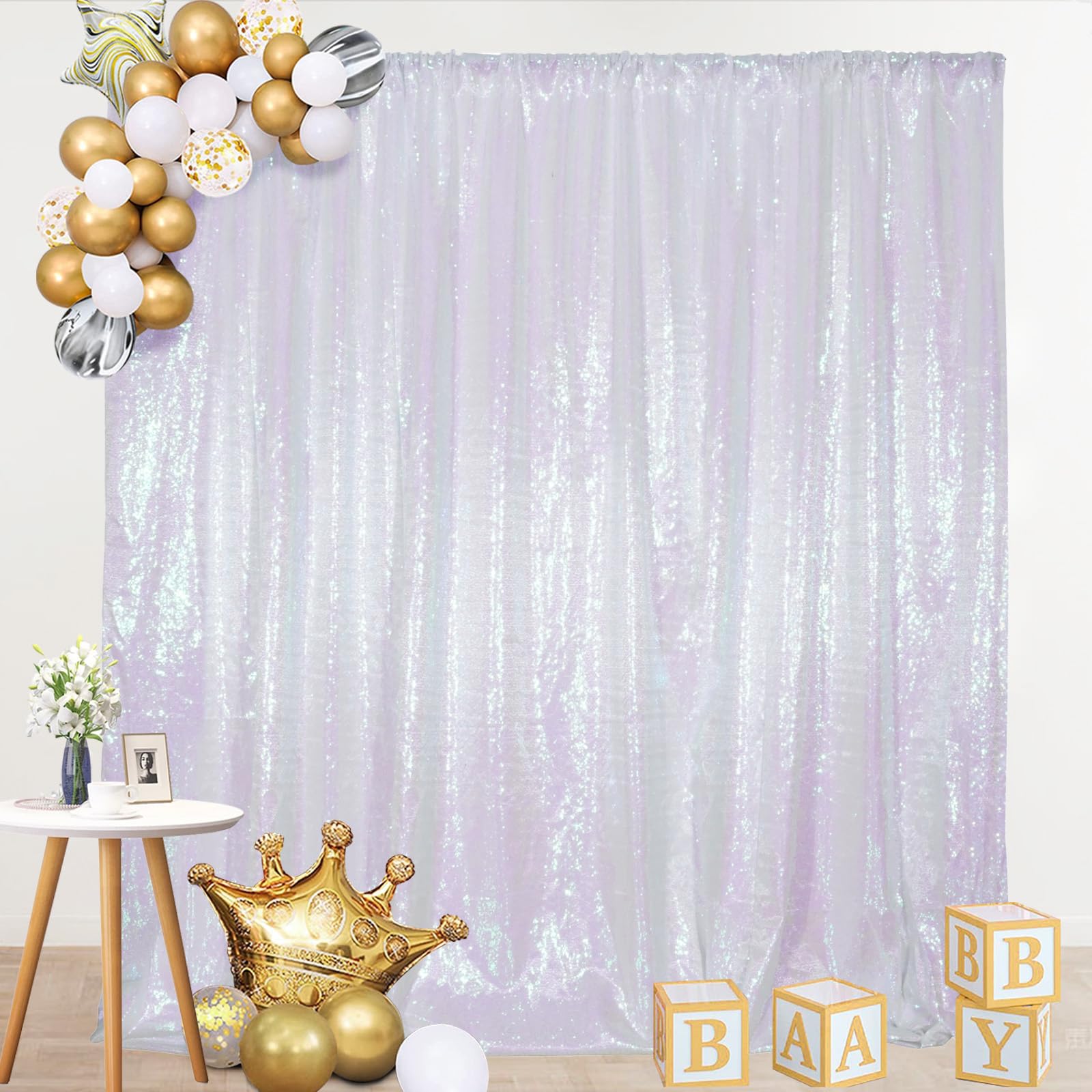 SquarePie Sequin Backdrop Curtain Not See Through Thick Glitter Background for Party 8FT x 10FT Iridescent