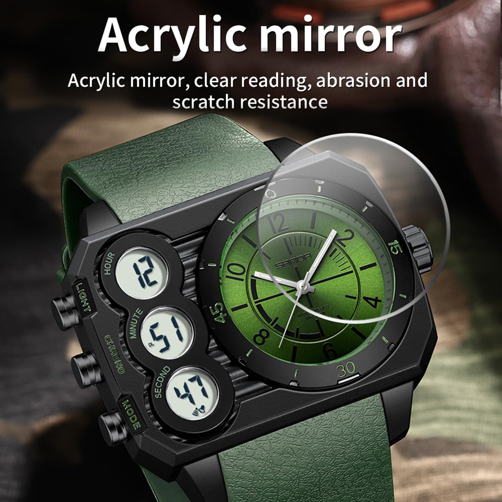 findtime Relojes rectangulares para hombre, digital, analógico, grande, militar, resistente al agua, 5 ATM, reloj deportivo para hombre, reloj táctico, cronómetro, 12/24 horas, tres zonas horarias