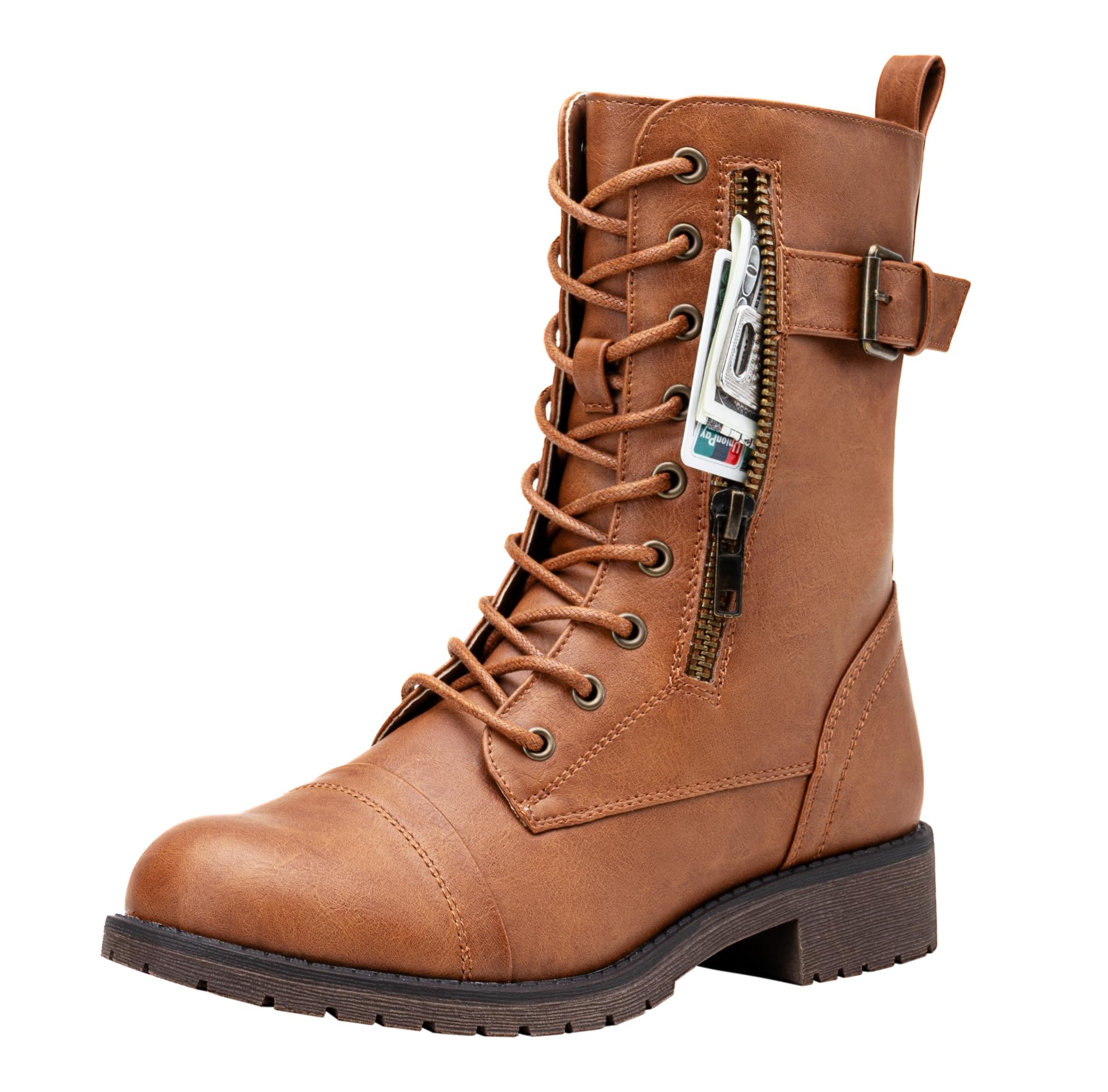 Vepose Women's 928 Military Combat Boots, Mid Calf Boots, Brown, Size 9 US -with Card Knife Wallet Pocket(CJY928 brown 09)