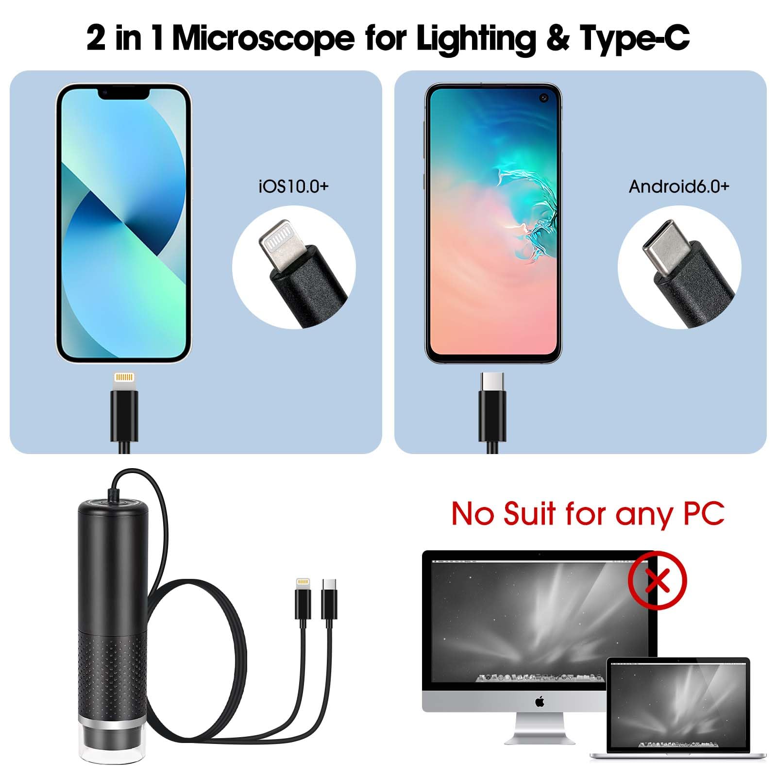 USB Digital Mikroskop Kompatibel mit iOS und Android Geräten, 1920x1440P HD tragbare Mikroskop Kamera für Erwachsene, Kinder, Studenten