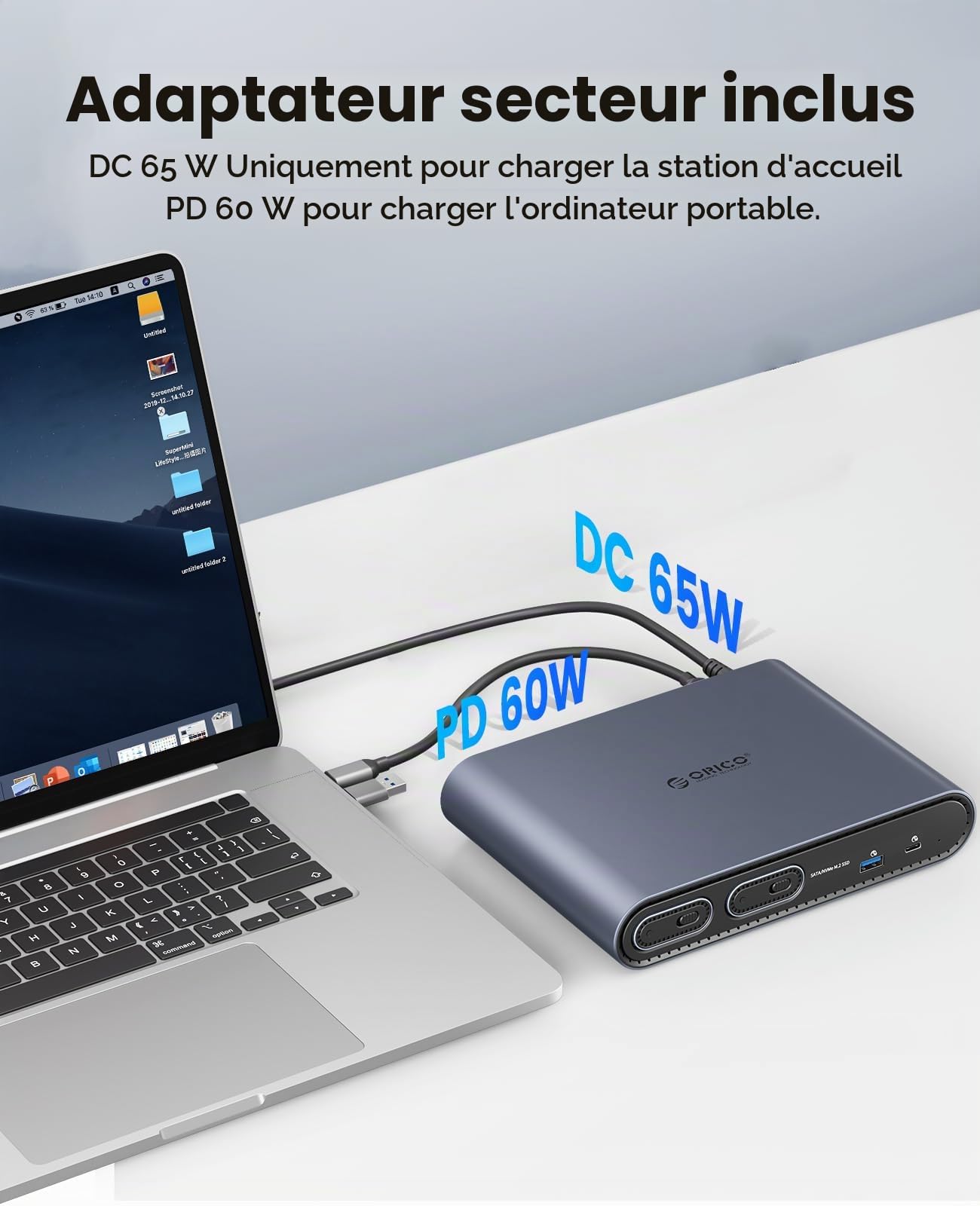 Station d'accueil ORICO 10-en-1 USB-C avec Double Boîtier SSD M.2 NVMe/SATA, USB 10Gbps, Double HDMI 4K@60Hz, PD 60W, RJ45 - pour MacBook Pro/Air (PTM2)