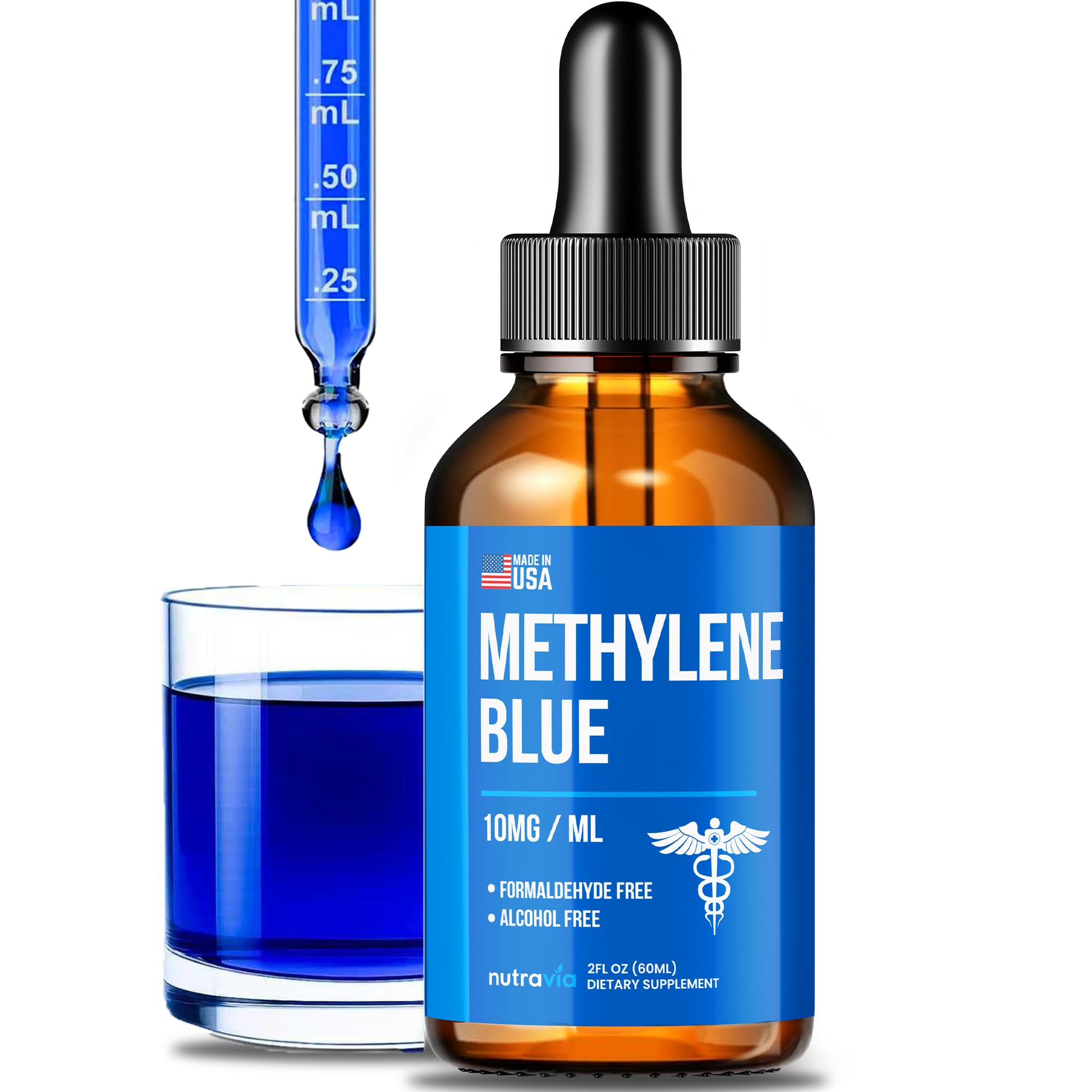 Methylene Blue Drops 1% USP Grade Third Party Lab Tested - USA Made - Formaldehyde Free, Increased Absorption, Blue Methylene Supreme Supplement for Humans, Methane Azul De Metileno Para Humanos (2oz)