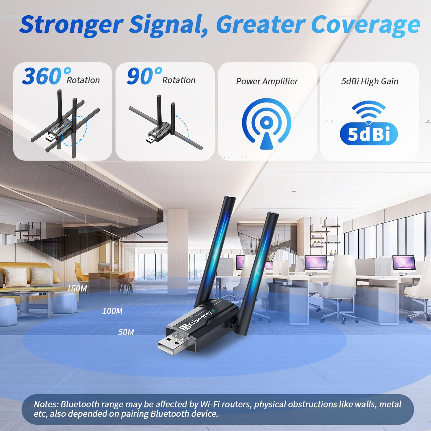 Long Range USB Bluetooth 6.0 Adapter for PC, Built-in PA Enhanced 5dBi High Gain Wireless Dongle w/Dual Antennas, Supports Windows 11/10/8.1/7 Laptop Desktop, NOT For TV, Mac, Car Stereo — view 5