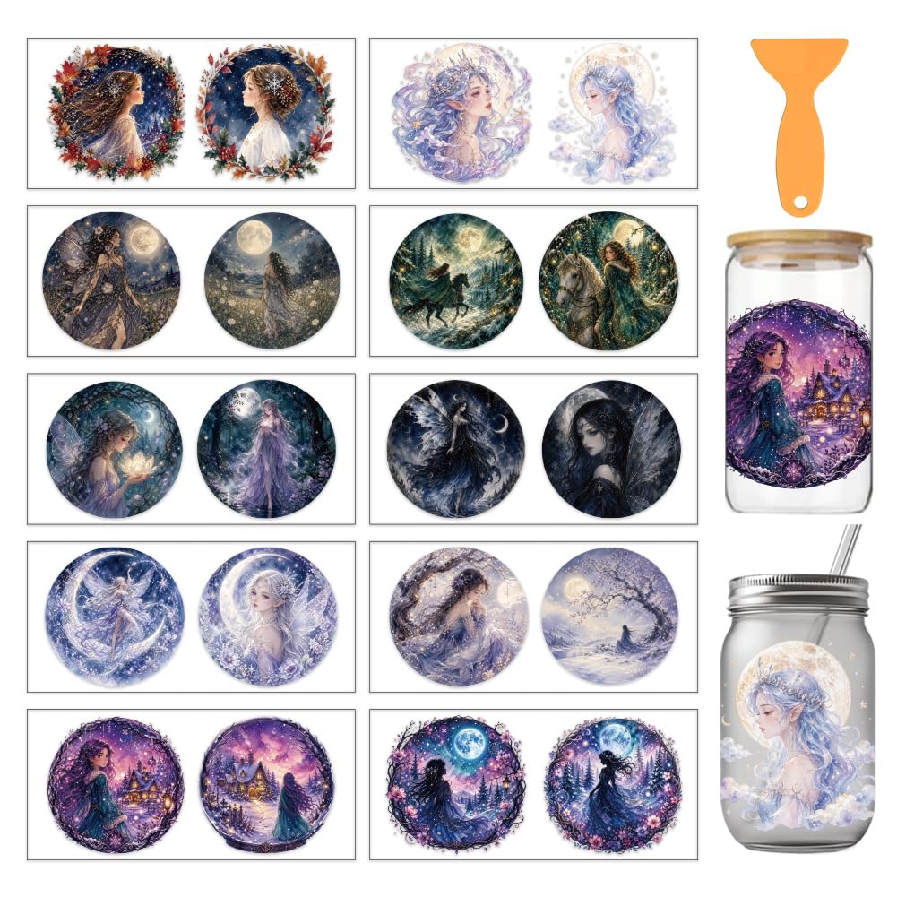 arricraft 10 Pcs PVC Cup Transfer Stickers, Magical Moon Fairy Elves Pattern UV Waterproof Cup Sticker Rub on Decal for 16 oz Glasses Window Home Printing Decoration 24x11cm