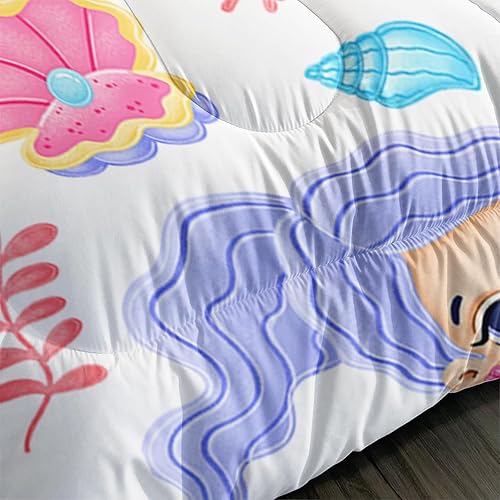Miniatura 4 de Juego de edredón de sirena, tamaño matrimonial, juego de ropa de cama de cuento de hadas, conchas marinas y hierba, juego de cama con estrellas de