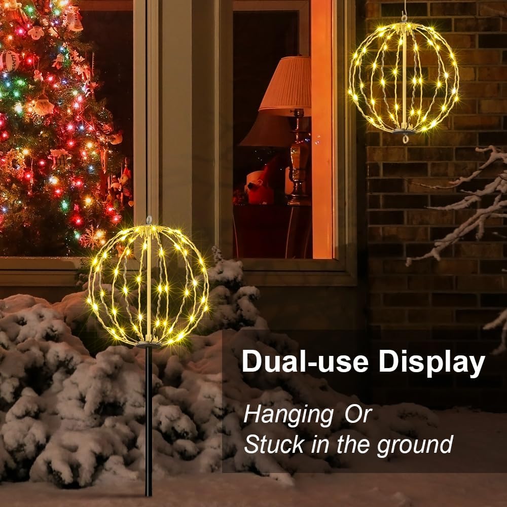 Two LIGHTSHARE light balls displayed, one hanging from a porch and another staked into the ground in a snowy yard, demonstrating dual-use functionality.