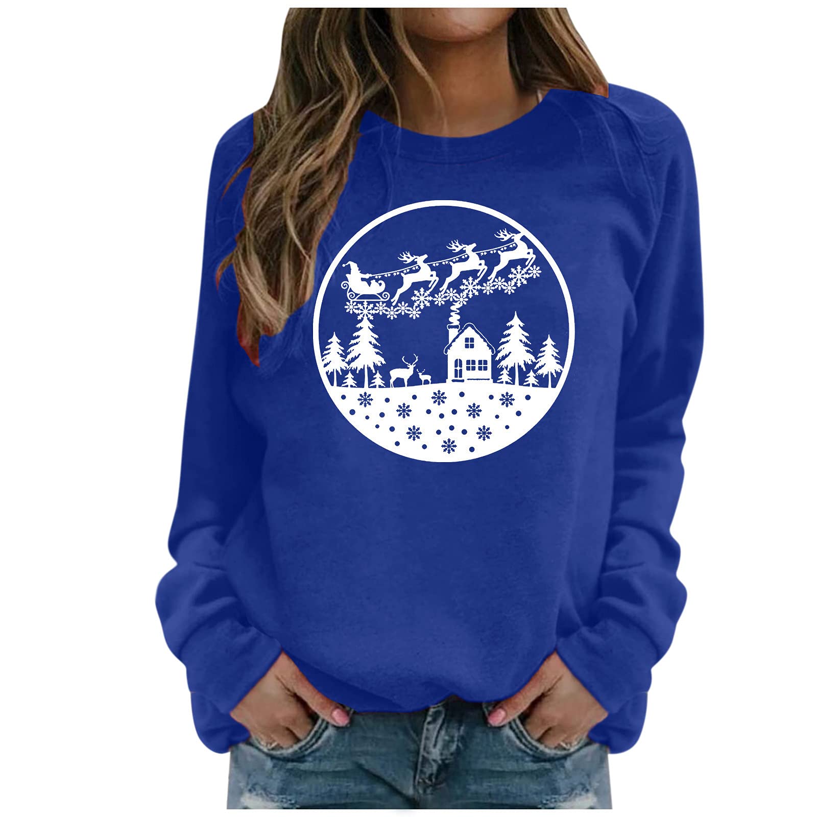 MNRIUOCIIWomen's Sweatshirt Merry Christmas Round Collar Long Sleeve Print Simple Blouse Shirt Pullover Winter Motif Women