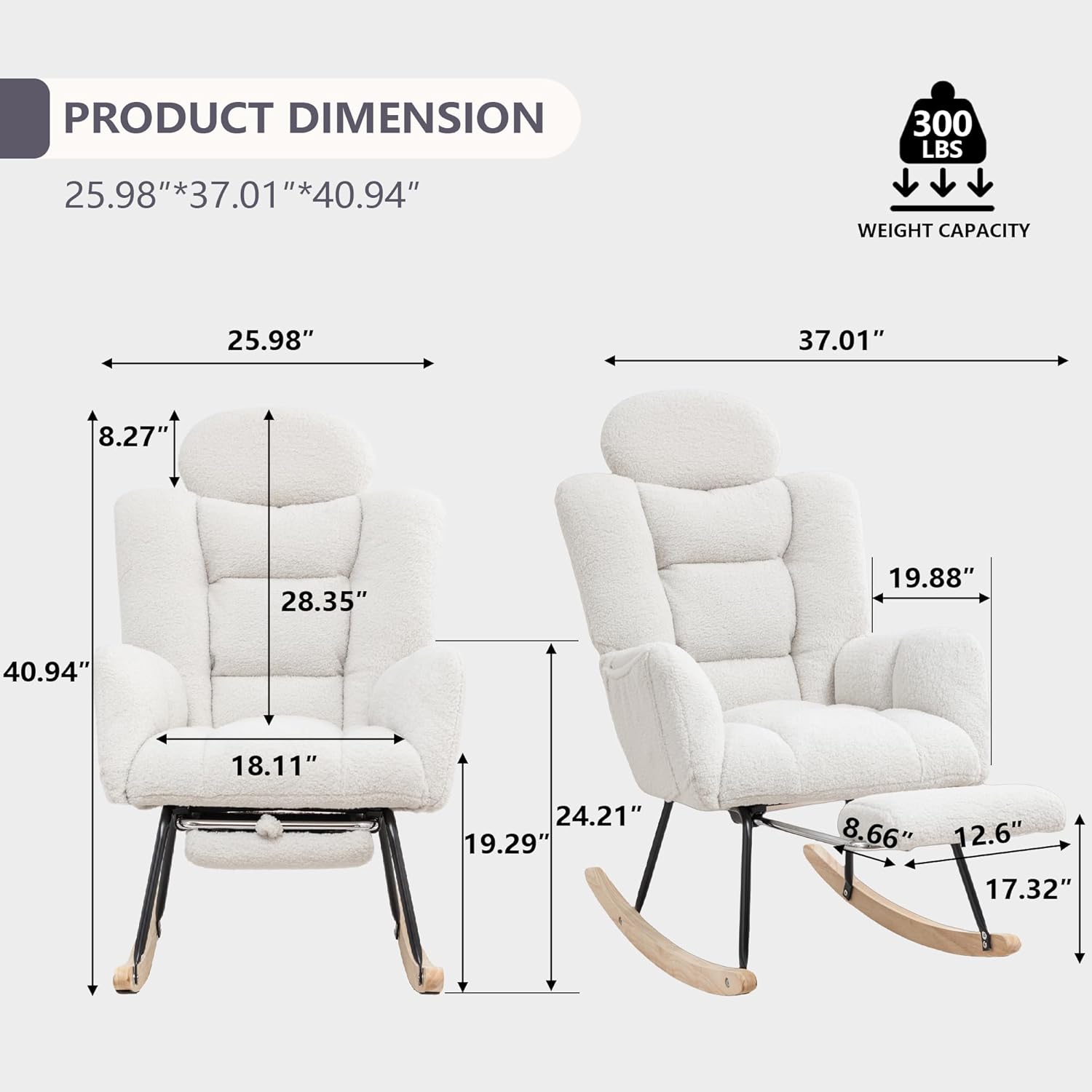 MINCETA Nursing Rocking Chair with Foot Rest, Modern Nursery Chair for Breastfeeding and Relaxing, Upholstered Glider with Head Support, High Back Ergonomic Design for Nursing Mom and Baby, White