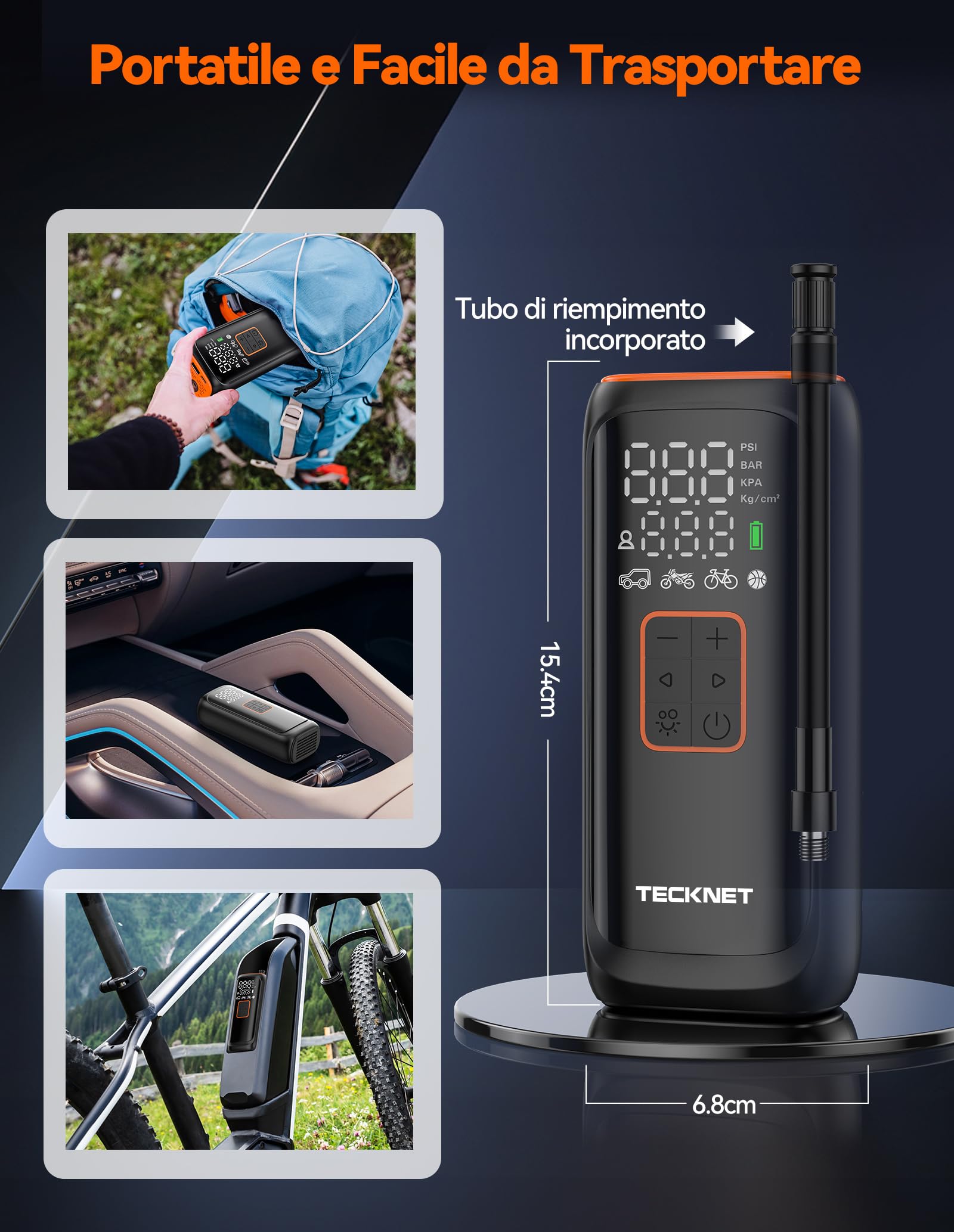 TECKNET 6000mAh Compressore Aria Portatile, 150 PSI Mini Compressore auto con Batteria Ricaricabile, Pompa per Bicicletta, compressore d'aria con manometro per auto, biciclette, moto, palle