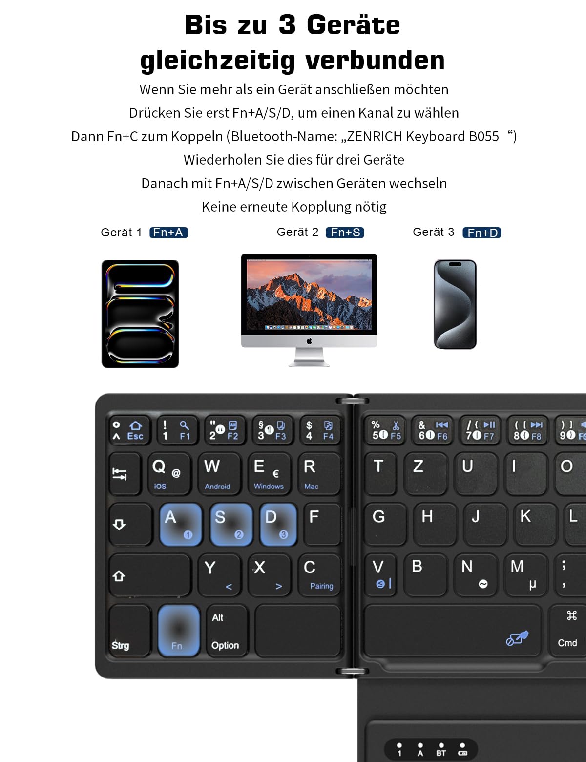 zenrich Bluetooth-Tastatur (QWERTZ) Faltbare kabellose mit Touchpad