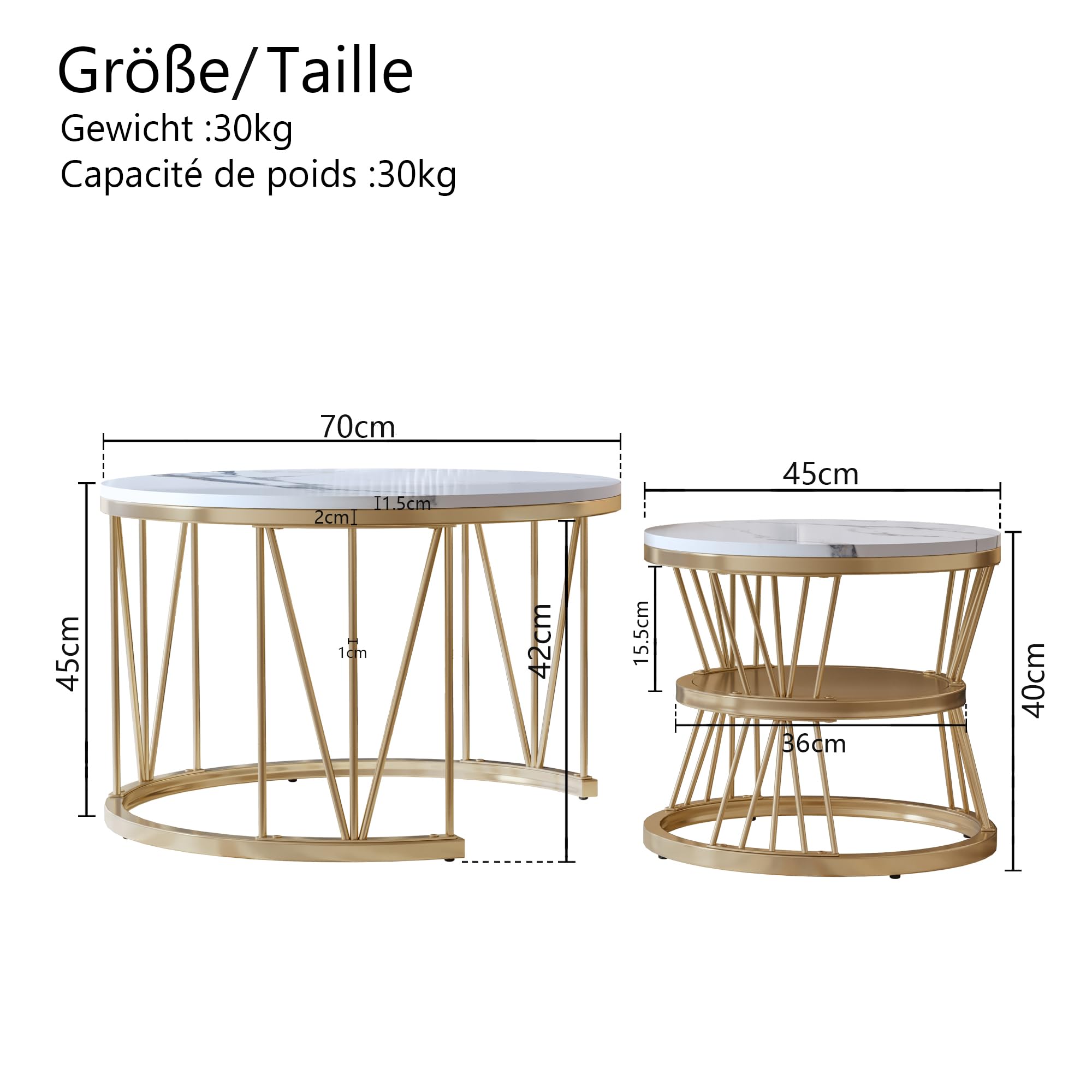 Couchtisch Rund 2er Set, Marmoriert Couchtisch, Sofa Tisch,Beistelltisch mit Metallrahmen,Moderne Kaffeetische Satztische für Wohnzimmer Schlafzimmer (Golden-021)