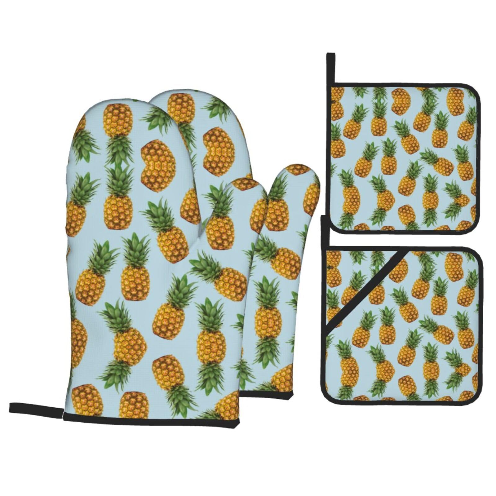 Pineapples (3) Print Stylish 4-Piece Microwaving Oven Waterproof Kitchen Gloves Baking Holiday Cooking