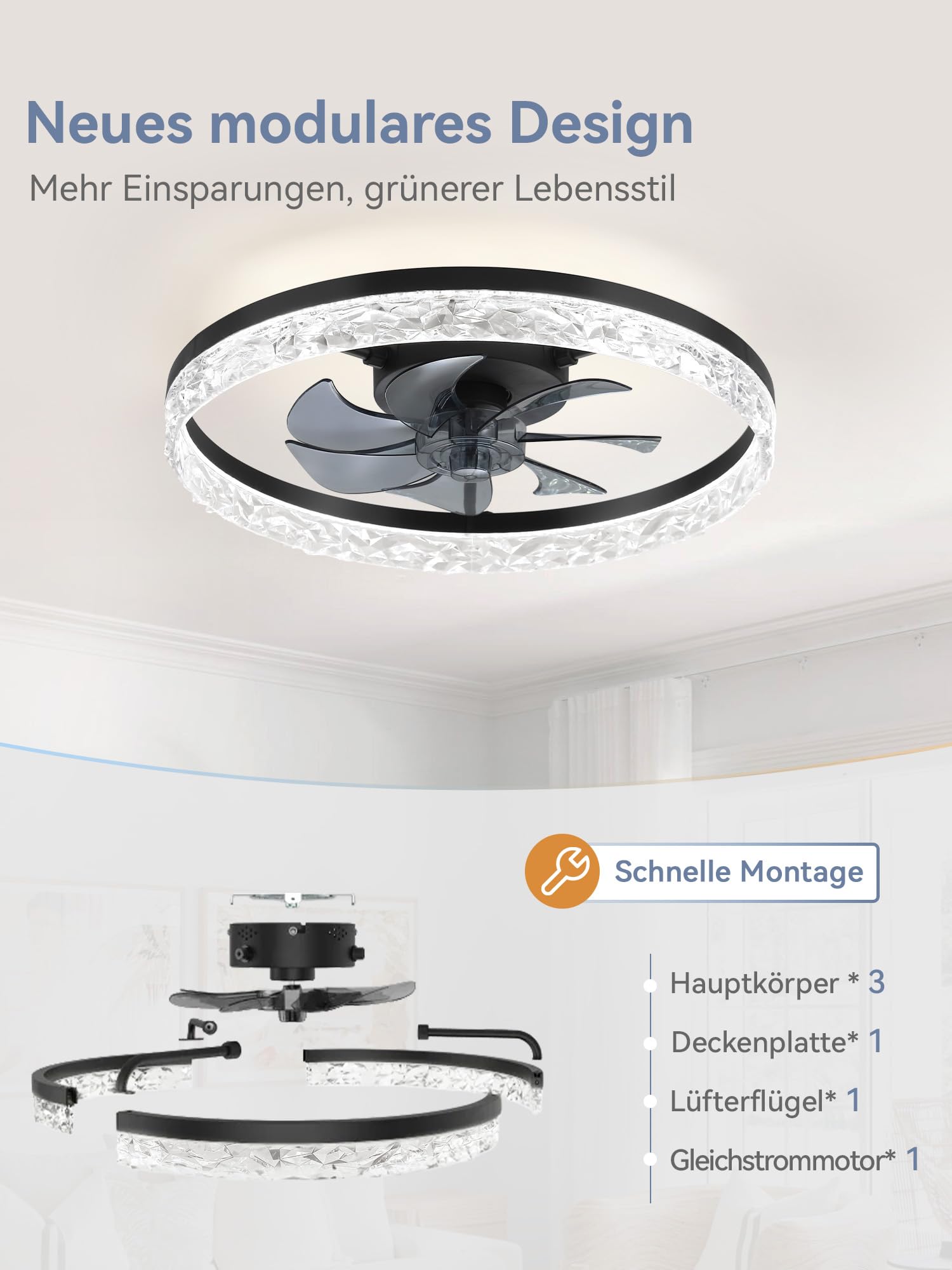 ZMISHIBO Deckenventilator mit Beleuchtung,Ø50,8 cm,3000K-6500K stufenlos dimmbar,6 Geschwindigkeiten,Timer,App & Fernbedienung,moderner LED-Deckenventilator für Wohnzimmer und Schlafzimmer,Schwarz