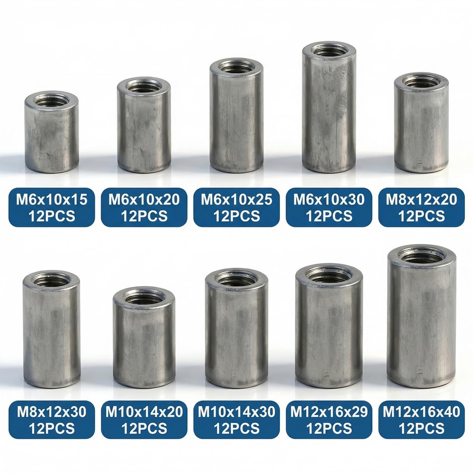 12 Pezzi Manicotto Filettato M6x10x15 mm Dadi di Accoppiamento Tondi M6 Manicotti Filettati Rotondi Dadi di Accoppiamento Acciaio al Carbonio Dado Lungo per Barre Filettate Viti e Bulloni