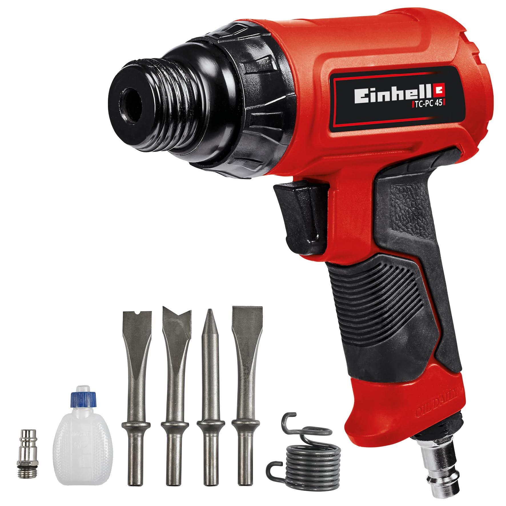 Einhell Marteau burineur pneumatique TC-​PC 45 (pour travaux sur pierre + métal, avec kit de 4 burins de 120 mm, flacon d'huile (vide), raccord, ressort de traction)
