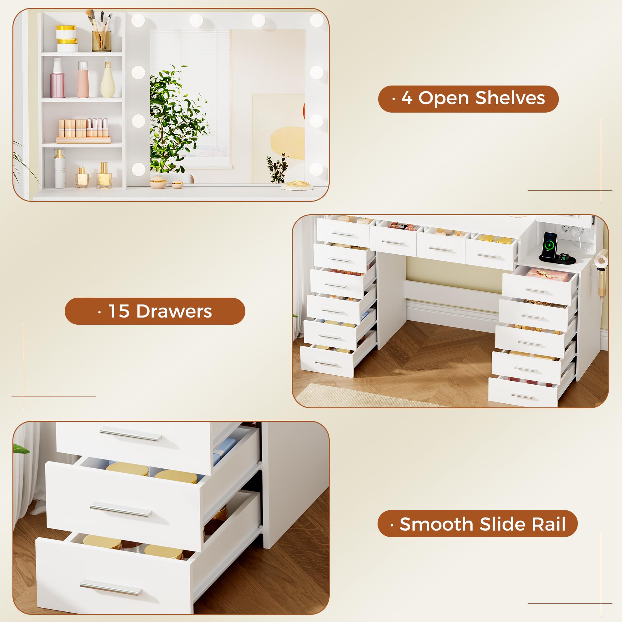 ANWBROAD Grande Tocador con luz LED, Brillo Regulable,Tocador de Maquillaje con Espejo y Enchufes, Mesa de Maquillaje con 15 cajones y 7 Estantes Abiertos para Dormitorio,Blanco Moderno BDT37W