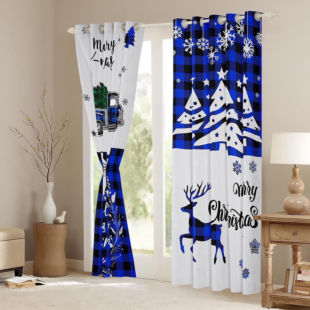 Merry Christmas Blackout Curtains Blue Buffalo Checked Rustic Truck Curtains & Drapes for Kids Child,Grid Plaid Lattice Car Christmas Tree Curtains 84"X90",Xmas Elk Deer Snowflake Christmas Decor