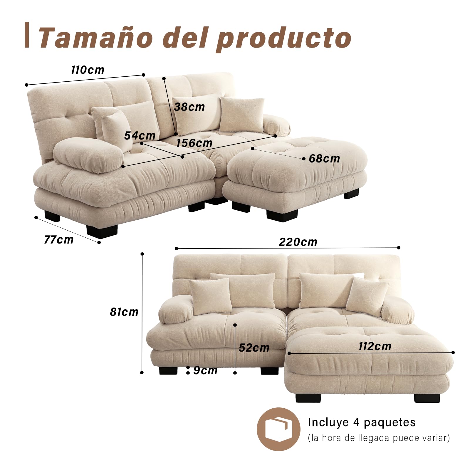 SoarFlash Sofá L Modular de 2 plazas para salón Moderno, sofá Nube de Tela Chenille con reposabrazos, marrón Claro, 145×220cm