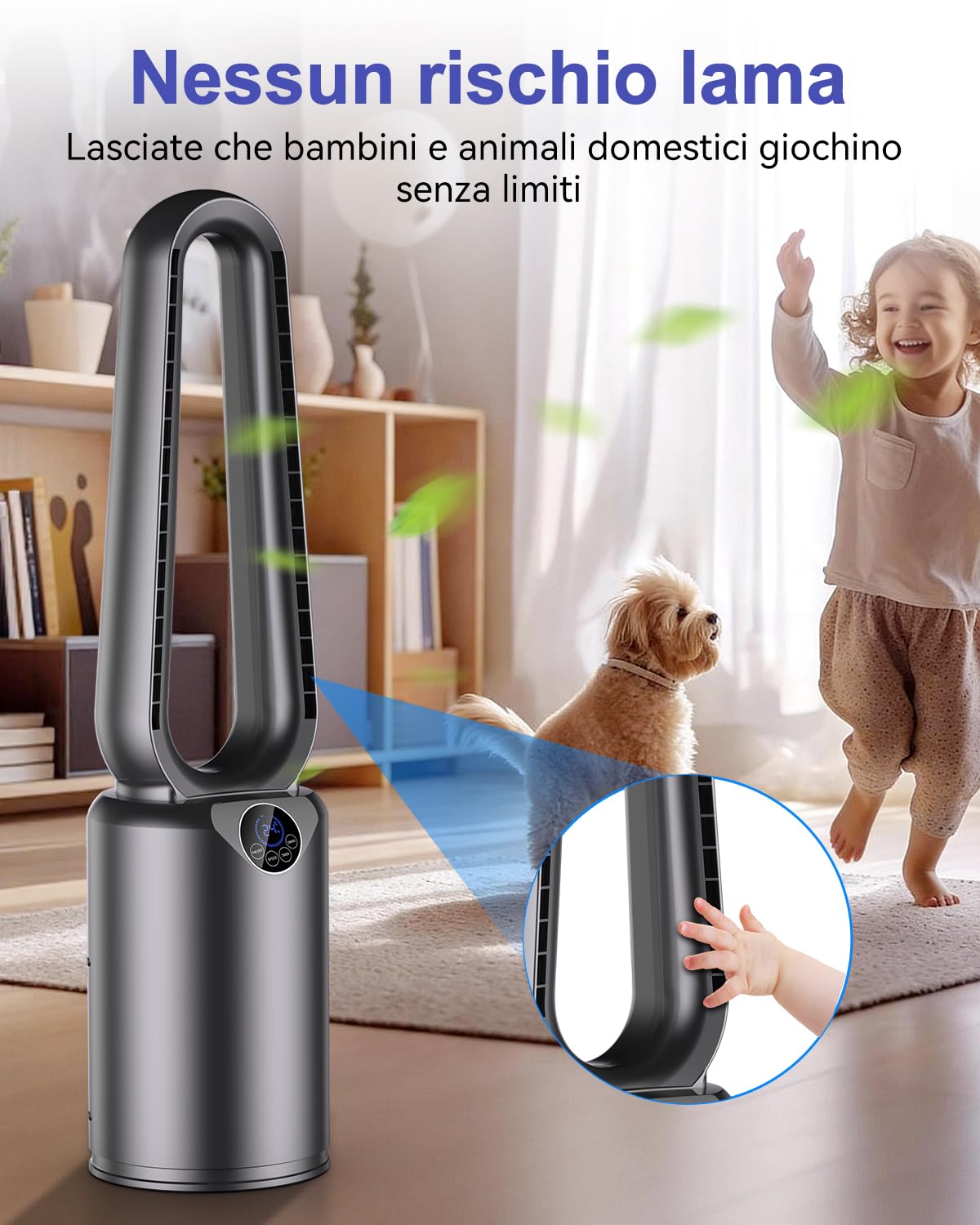 Ventilatore a Torre senza Pale/Silenzioso (25dB), 85 cm con Oscillazione 90° - Telecomando, Timer 12 ore, Purificatore d’Aria, 24 Velocità & 3 Modalità - per Camera da Letto/Casa/Ufficio/Portatile