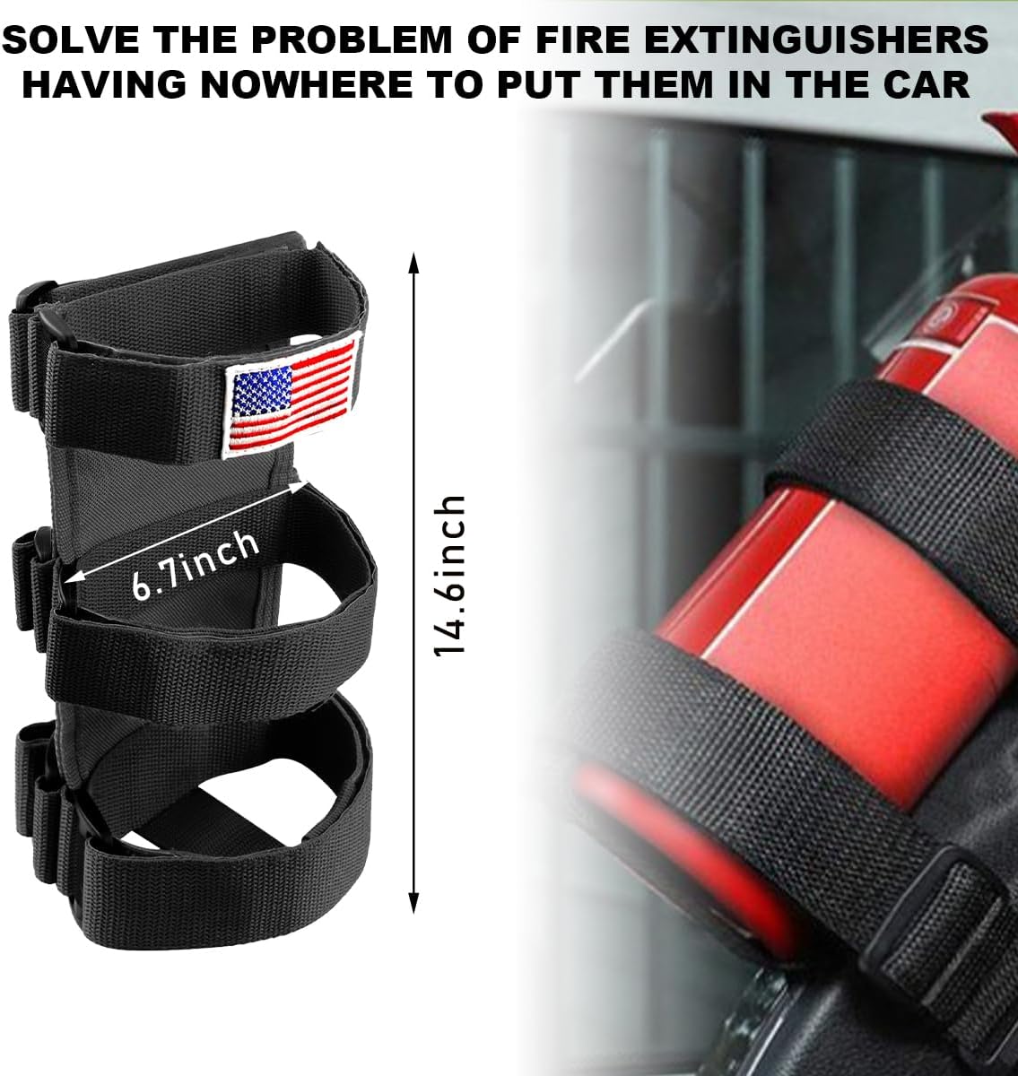 Wevdn Roll Bar Fire Extinguisher Holder, Adjustable Wear-Resistant Fire Extinguisher Mount Strap with American Flag Pattern, Universal Car Accessories for Cars Truck Wrangler (Black) image 2