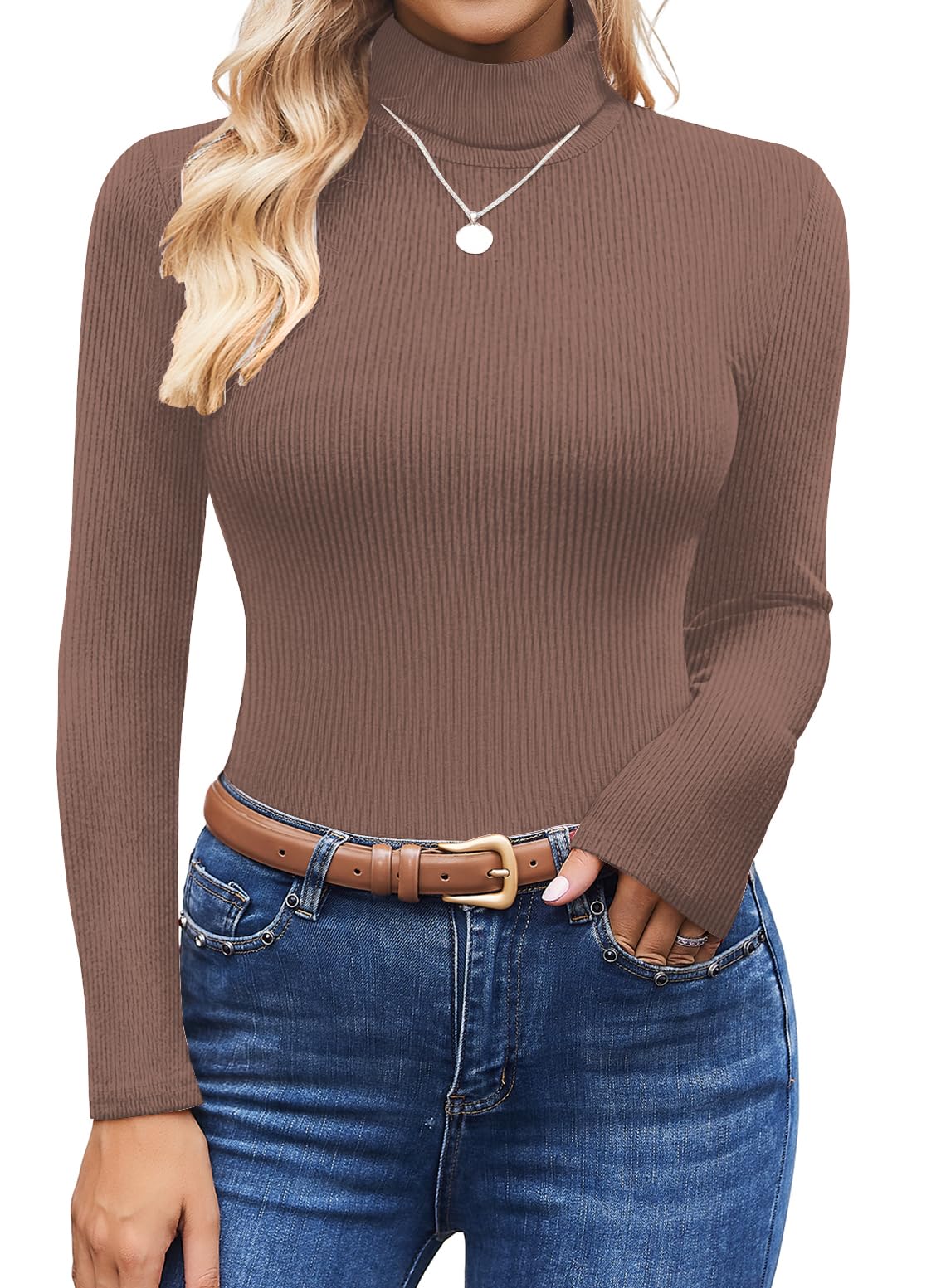 Women Ribbed Turtleneck Tops Long Sleeve Thermal Shirts Slim Fit Sweater