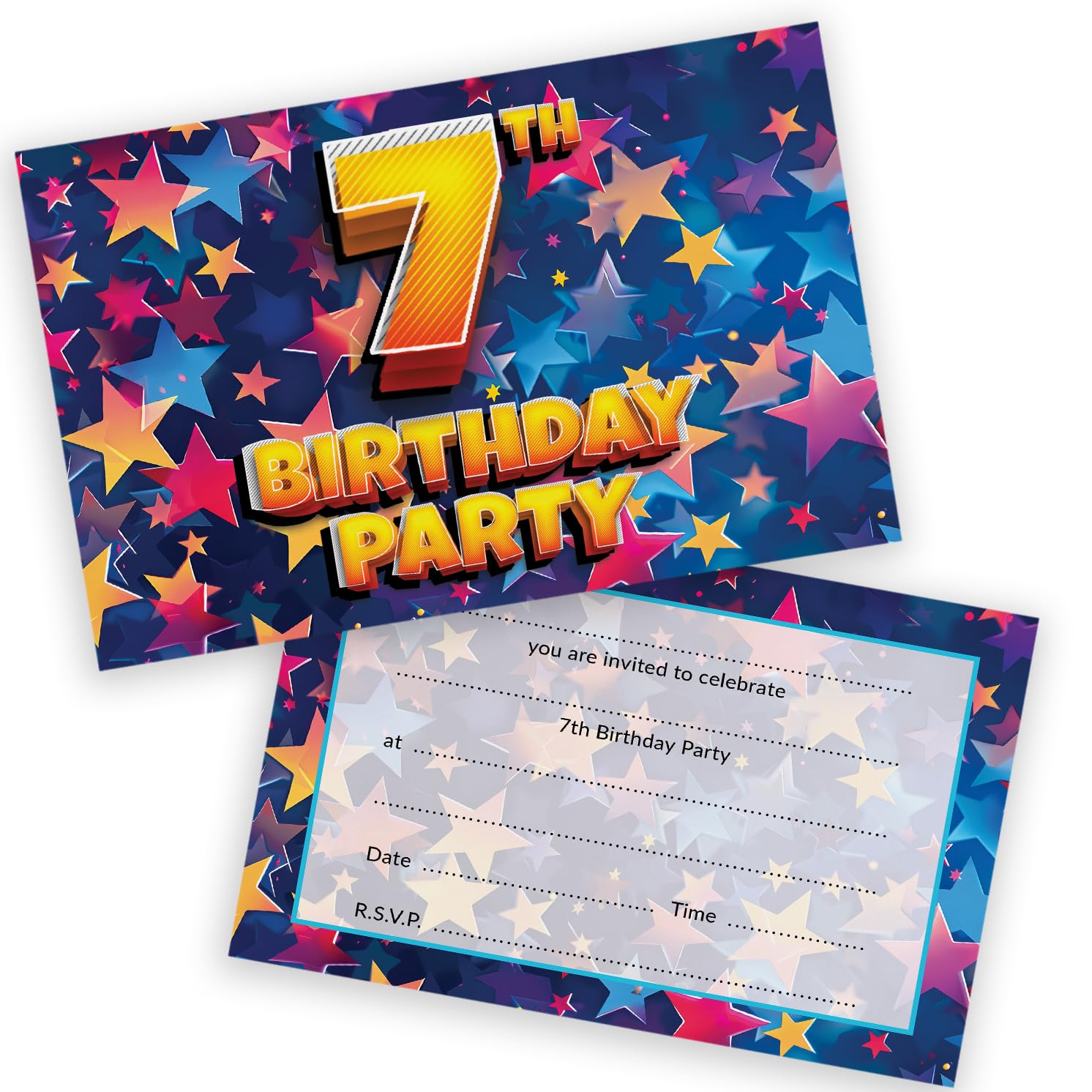 7th Birthday Party Invitations Kids - Celebration Stars 28 Pack - Childrens Birthday Invitations for Boys/Girls A6 Bday Party Invites Invitation Cards with Folding Envelopes