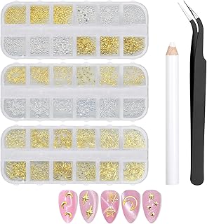 2500Pcs Gold Nail Charms, Gold and Silver Star Pearls Nail Gems Supplies Shiny Manicure with Pickup Pencil and Tweezer Cross Star Moon DIY Craft Supplies