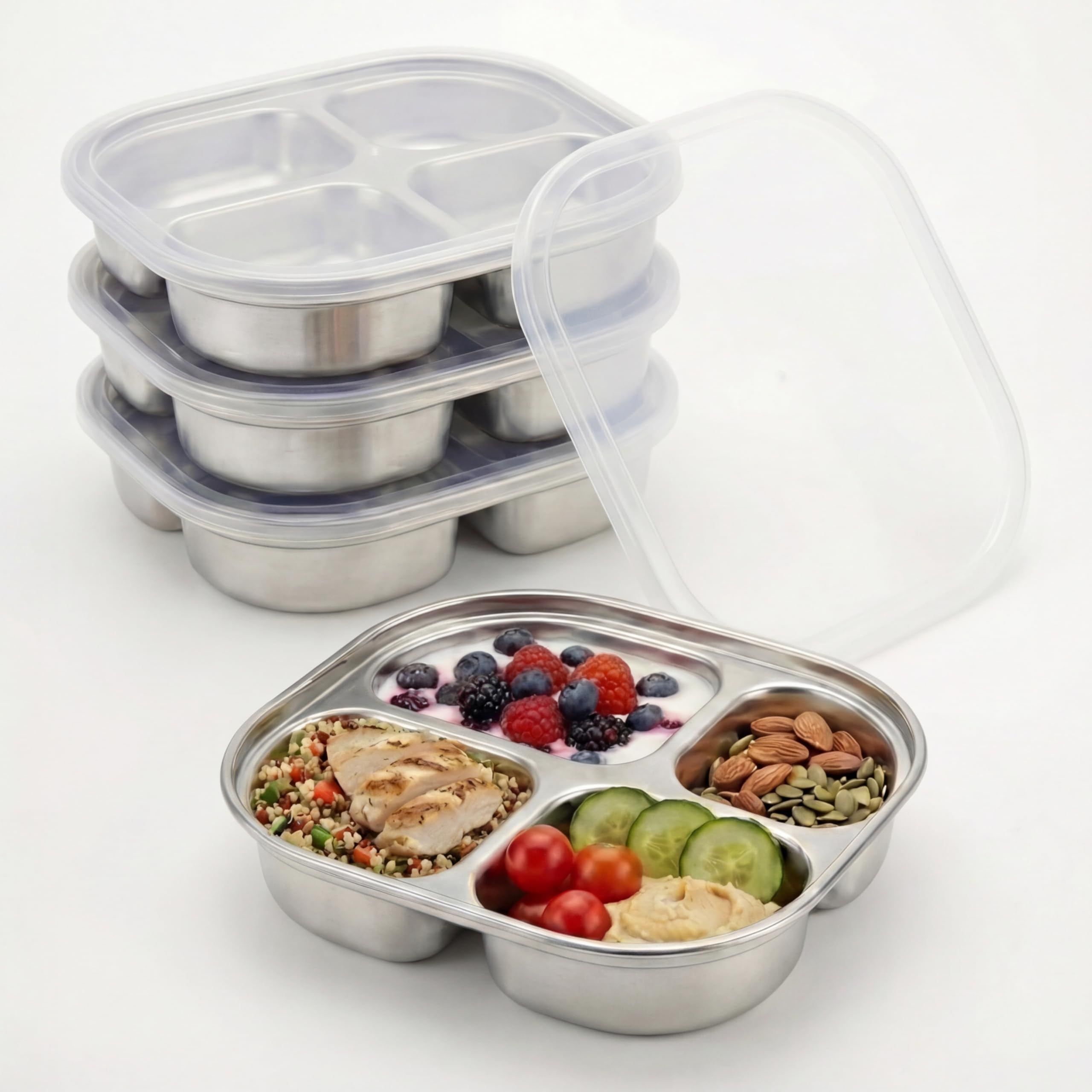 PANOMNIWARE 4-Pack Stainless Steel Plates with Lids, 4-Compartment Divided Plates for Weaning Baby/Toddler/Kids, Snacks