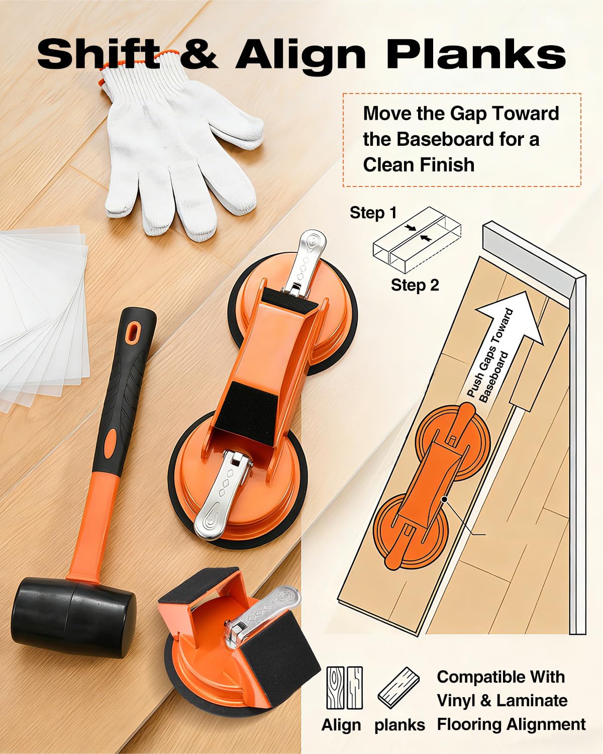 Saker Kit de herramientas y mazo para fijar huecos en el suelo, 10 almohadillas y guantes lavables, herramienta de ventosa para piso, herramientas de piso laminado para laminado liso (2 tipos de