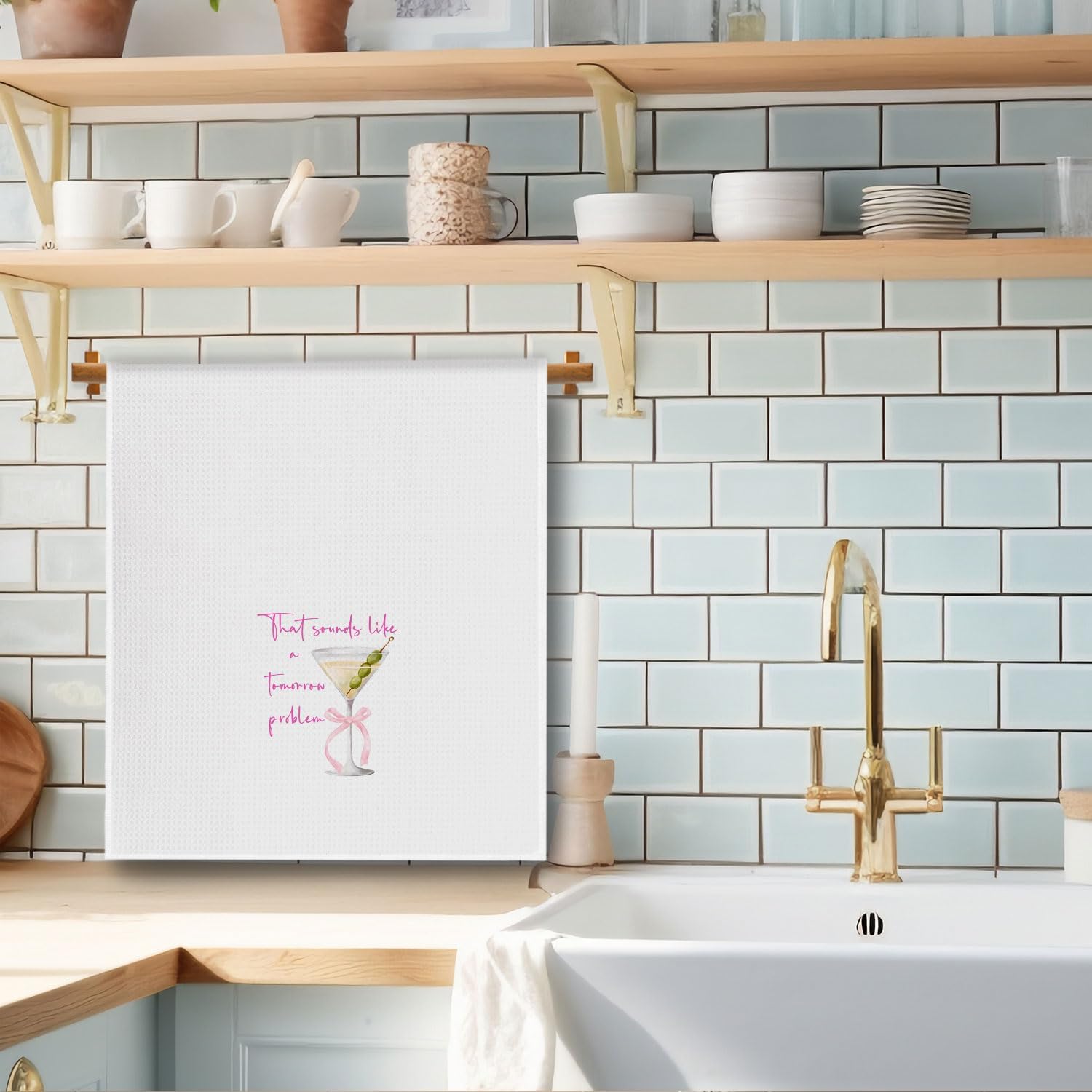 Pink Bow Funny Martini Cocktail Kitchen Towels, Dirty Martini Gifts Dish Tea Towels, Gifts for Cocktail Lovers Decorative Hand Towel for Kitchen Bar Cart, 16x24 Inch - Image 2