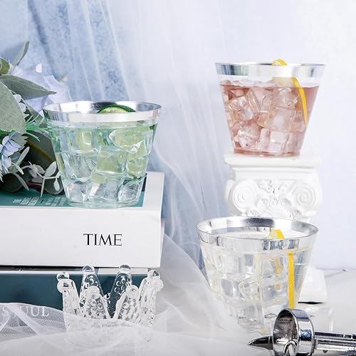 Miniatura 8 de Nervure 240 vasos de plástico plateados, vasos de plástico con borde plateado de 9 onzas, vasos de plástico resistentes con borde plateado,