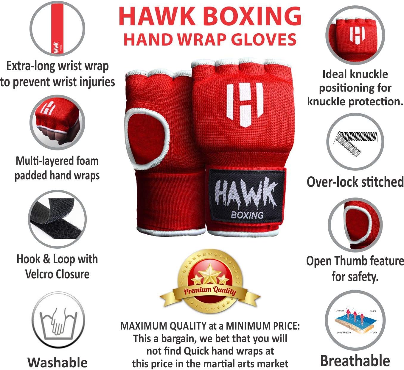 Hawk Padded Inner Gloves Training Gel Elastic Hand Wraps for Boxing Gloves Quick Wraps Men & Women Kickboxing Muay Thai MMA Bandages Fist Knuckle Wrist Wrap Protector Handwraps (Pair)