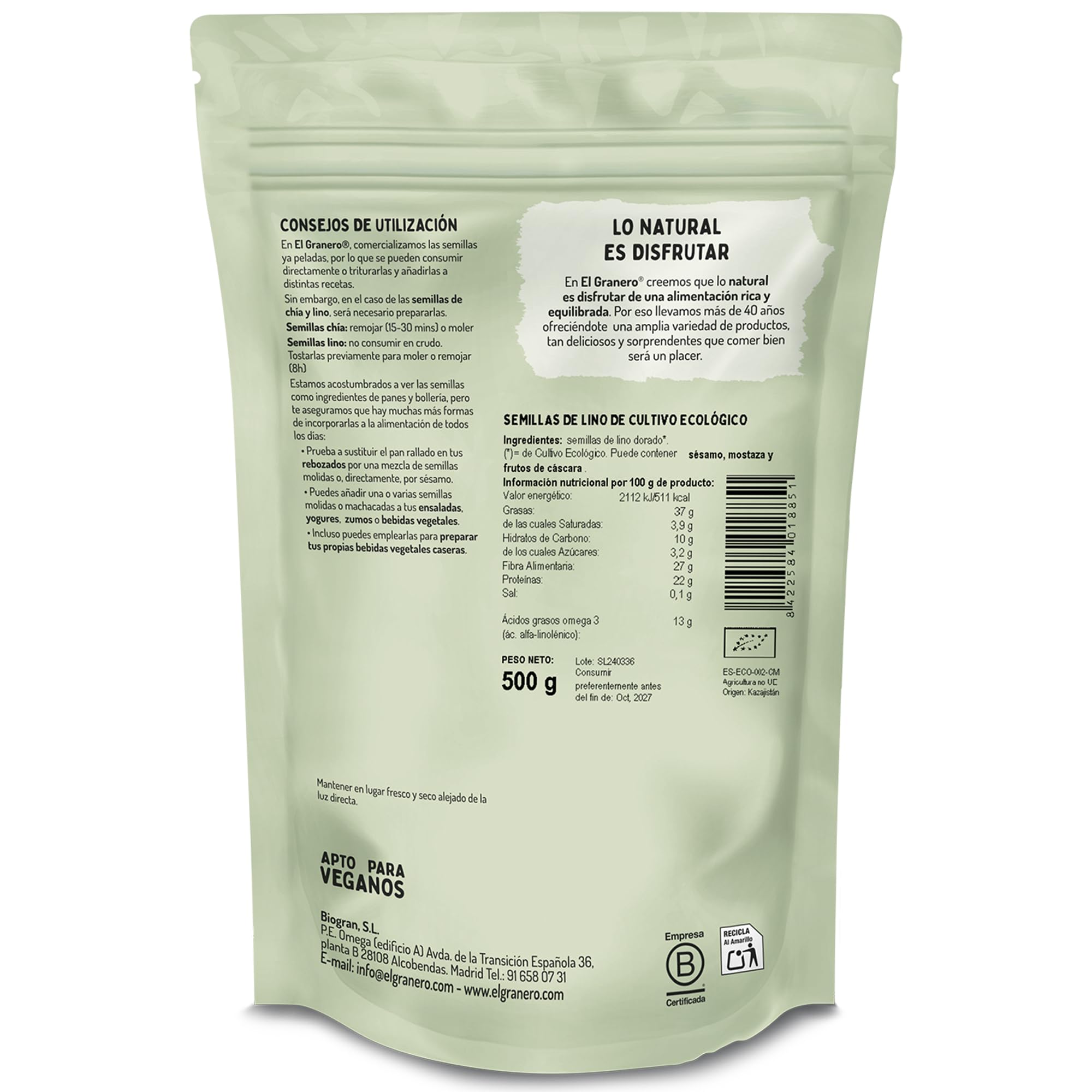 El Granero Integral - Semillas de Lino BIO - 500 Gr - Fuente de Proteínas y Ácidos Grasos Omega-3 - Ricas en Fibra y Antioxidantes - Regulan el Azúcar en la Sangre - Aptas para Veganos