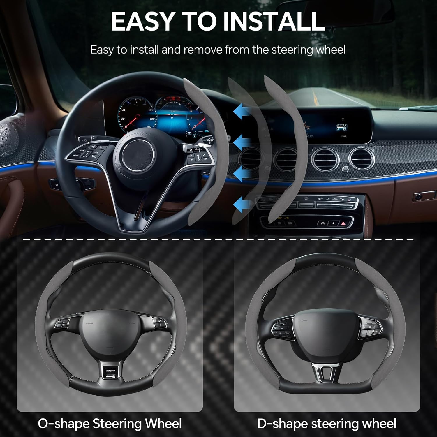 2 Piece Alcantara Steering Wheel Cover - Split Sport Design for D & O Shape Wheels, Soft Touch · Anti-Slip Grip · All Season Comfort · Durable Luxury Material for Performance Cars