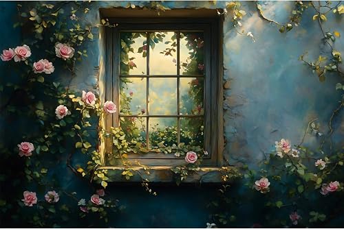 YongFoto Retro Wall Window Sill Spring Natural Backdrop 15x10ft Garden Window View Climbing Vine Flower Mountains Idyllic Photography Background Party Banner Portrait Photoshoot Wallpaper Photo Booth